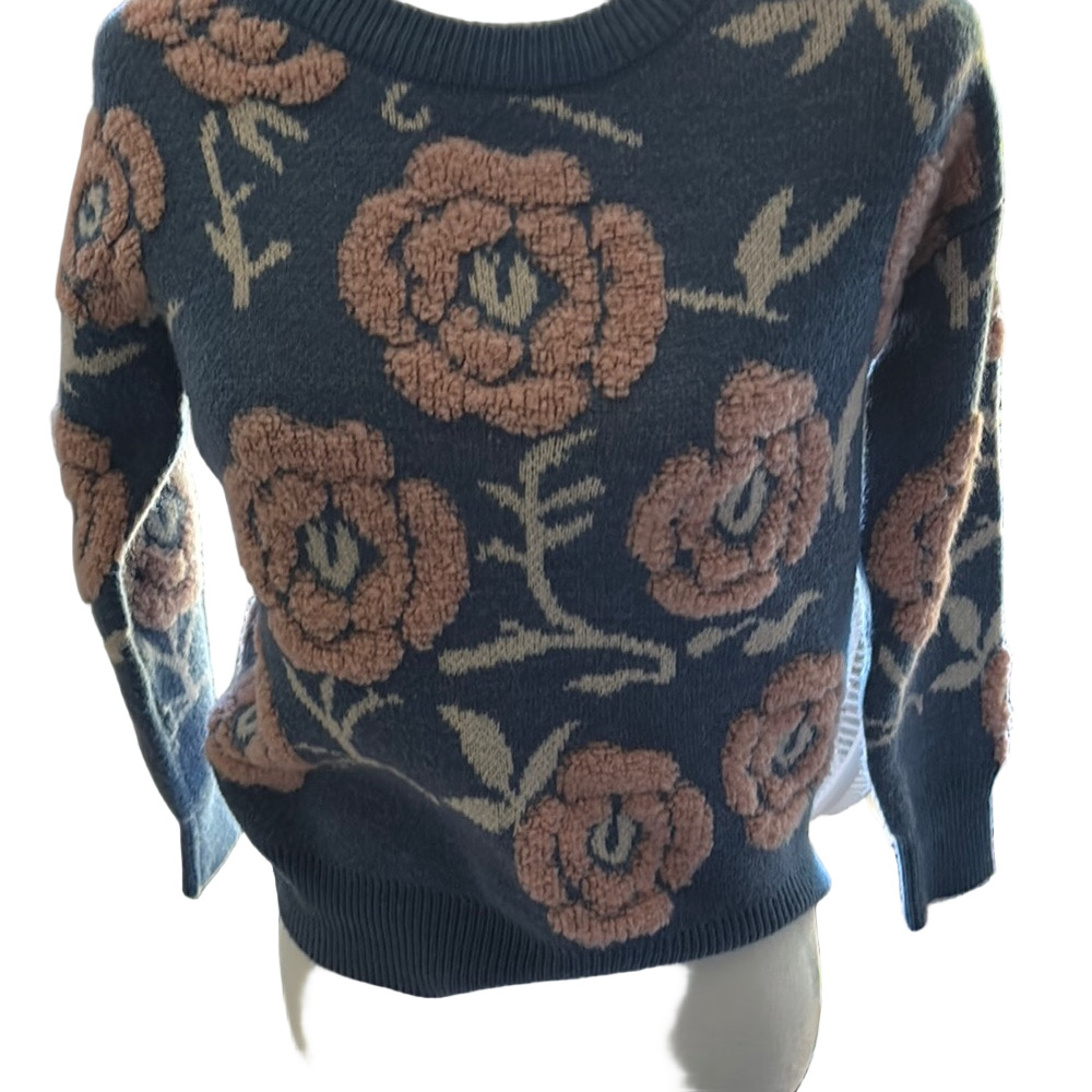 Pink and Blue Floral Crew Neck Sweater